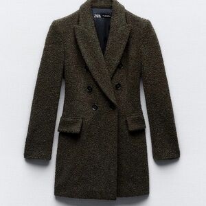 NWOT Zara Long Olive Double-Breasted Boucle Blazer